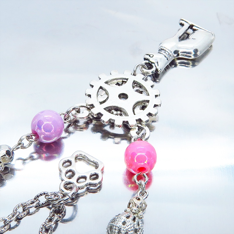 バステト 猫の神様 オリエンタル風 ダブルチェーン ビーズを組合わせたアシンメトリーネックレス アジャスター可