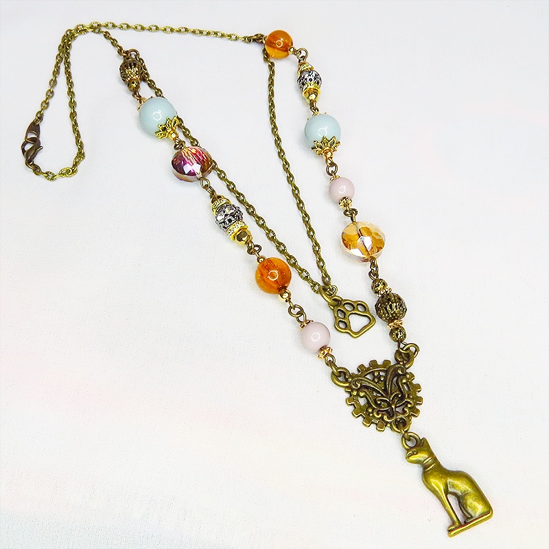 バステト 猫の神様 オリエンタル風 アンティークゴールド ダブルチェーン ビーズを組合わせたアシンメトリーネックレス