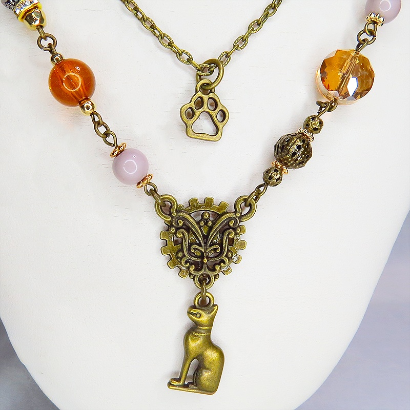 バステト 猫の神様 オリエンタル風 アンティークゴールド ダブルチェーン ビーズを組合わせたアシンメトリーネックレス
