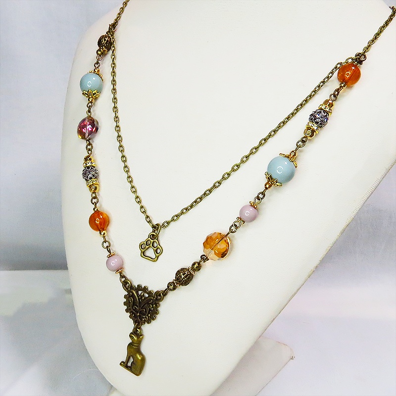 バステト 猫の神様 オリエンタル風 アンティークゴールド ダブルチェーン ビーズを組合わせたアシンメトリーネックレス