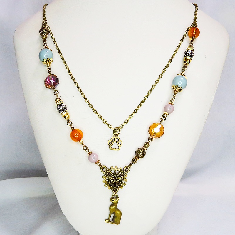 バステト 猫の神様 オリエンタル風 アンティークゴールド ダブルチェーン ビーズを組合わせたアシンメトリーネックレス