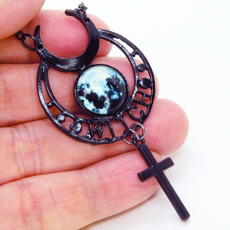 ゴシック調ブラックムーンネックレス ロザリオ 十字架 魔女 ウィッチ 三日月 トリプルムーン パンク ロック メンズ レディース