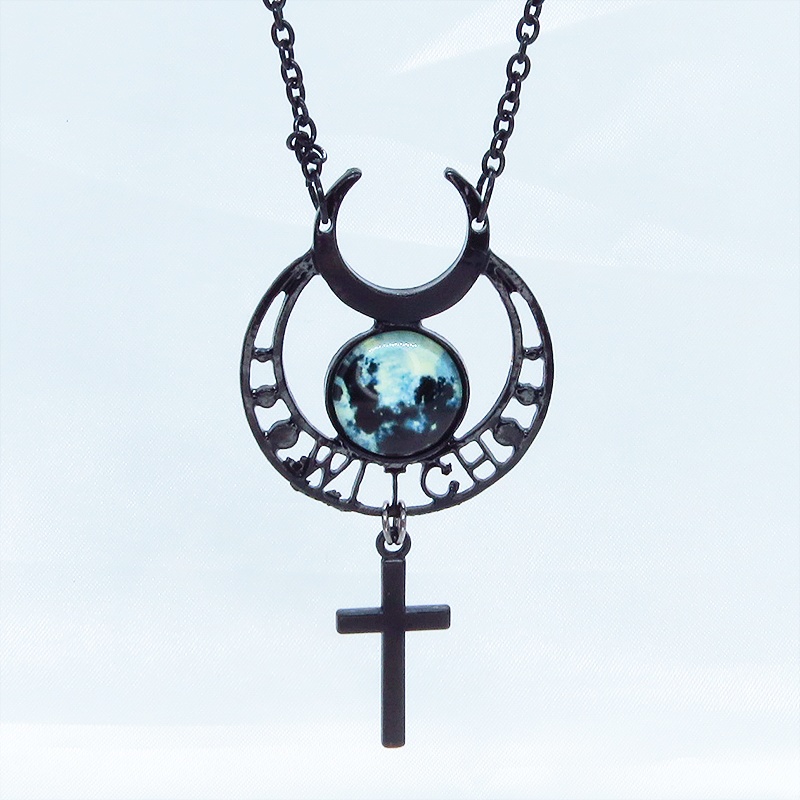 ゴシック調ブラックムーンネックレス ロザリオ 十字架 魔女 ウィッチ 三日月 トリプルムーン パンク ロック メンズ レディース