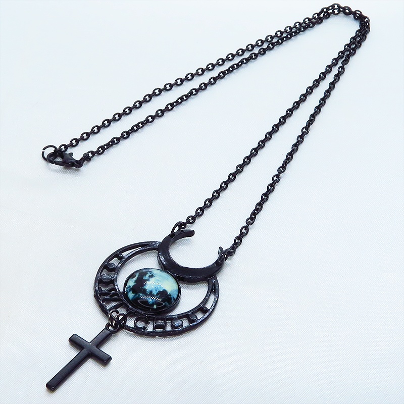 ゴシック調ブラックムーンネックレス ロザリオ 十字架 魔女 ウィッチ 三日月 トリプルムーン パンク ロック メンズ レディース