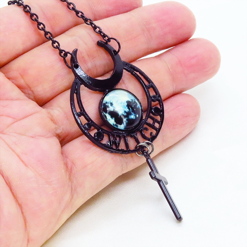 ゴシック調ブラックムーンネックレス ロザリオ 十字架 魔女 ウィッチ 三日月 トリプルムーン パンク ロック メンズ レディース