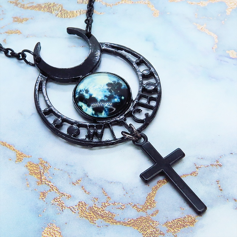 ゴシック調ブラックムーンネックレス ロザリオ 十字架 魔女 ウィッチ 三日月 トリプルムーン パンク ロック メンズ レディース