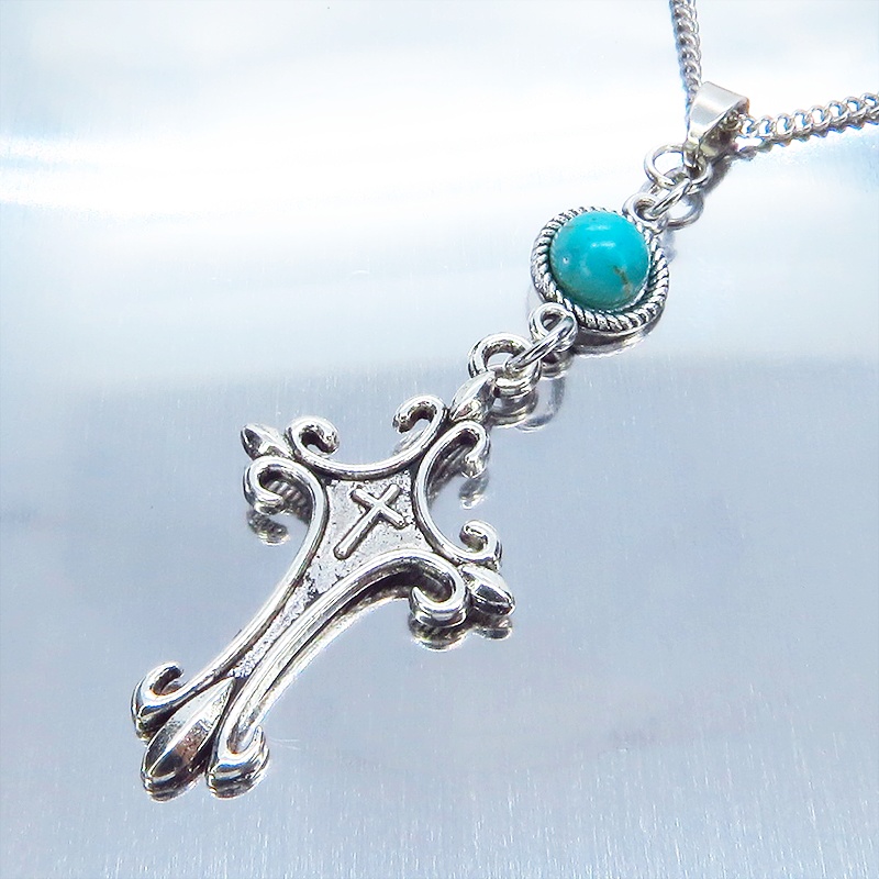 アンティークシルバー ゴシックデザインロザリオ(十字架)とターコイスのネックレス 長さ変更可 アジャスター可