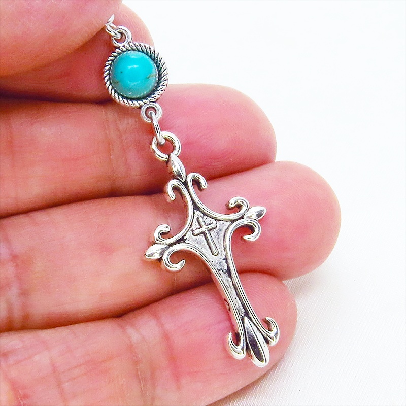 アンティークシルバー ゴシックデザインロザリオ(十字架)とターコイスのネックレス 長さ変更可 アジャスター可