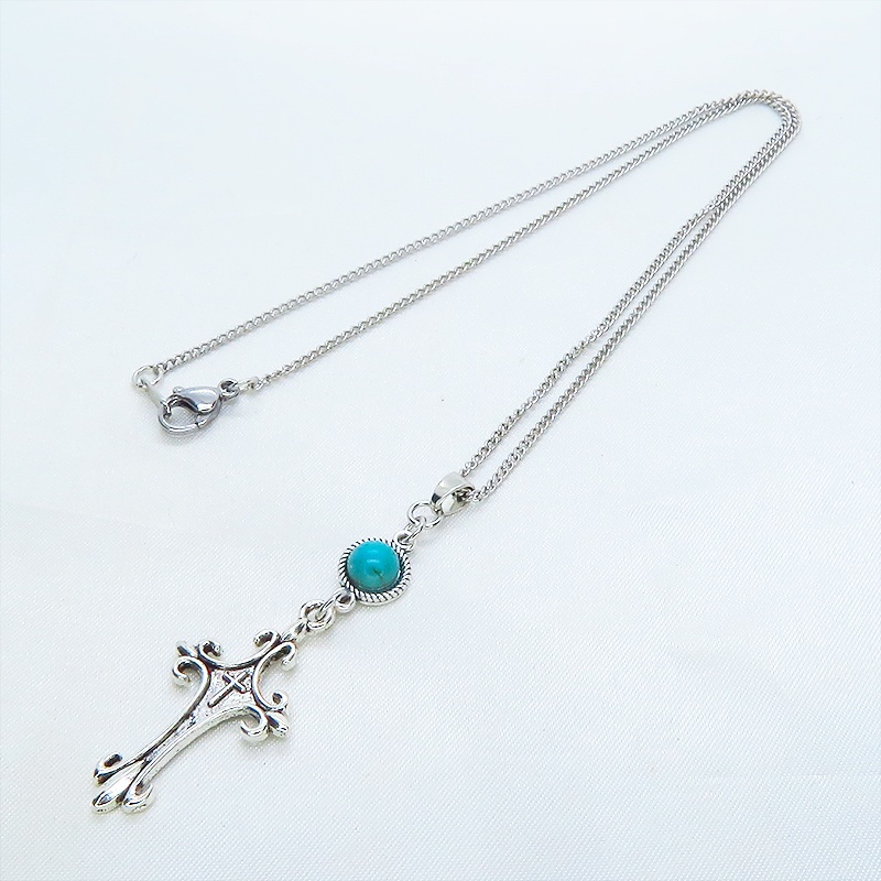 アンティークシルバー ゴシックデザインロザリオ(十字架)とターコイスのネックレス 長さ変更可 アジャスター可