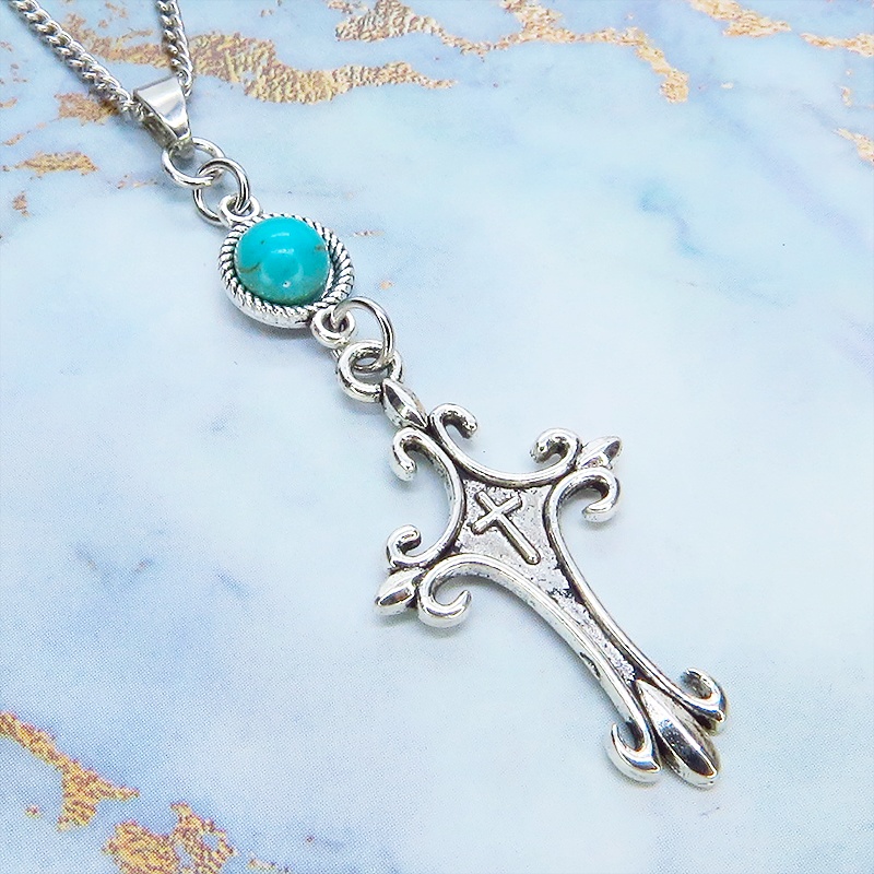 アンティークシルバー ゴシックデザインロザリオ(十字架)とターコイスのネックレス 長さ変更可 アジャスター可