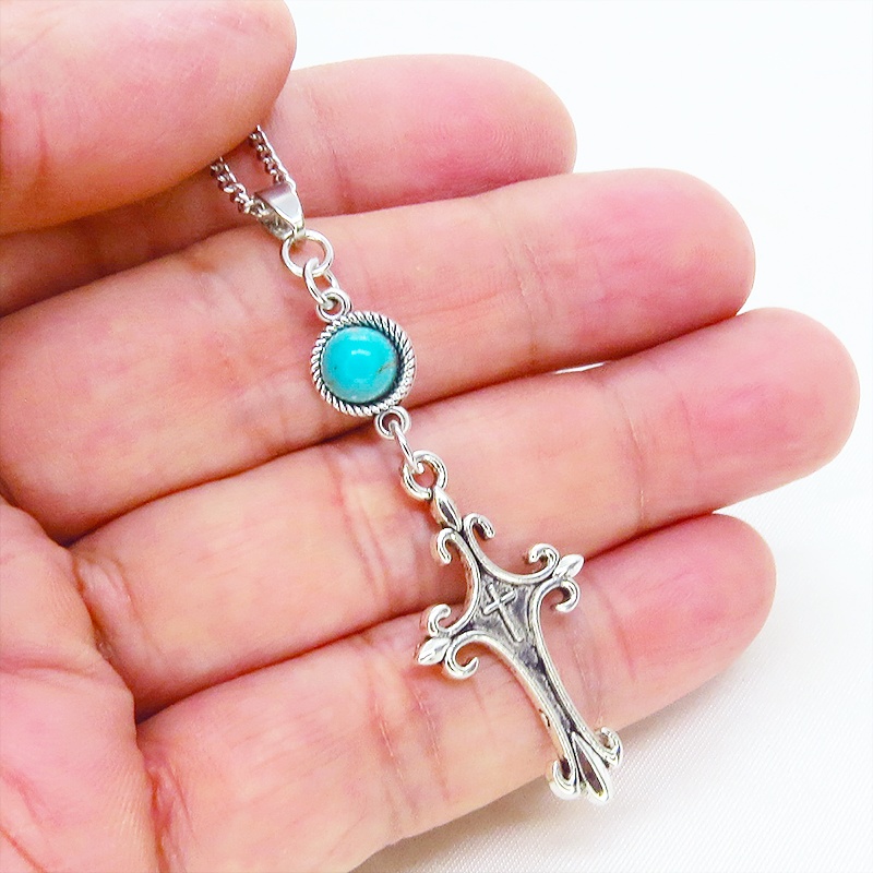 アンティークシルバー ゴシックデザインロザリオ(十字架)とターコイスのネックレス 長さ変更可 アジャスター可