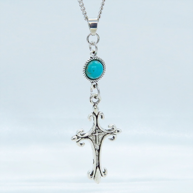 アンティークシルバー ゴシックデザインロザリオ(十字架)とターコイスのネックレス 長さ変更可 アジャスター可