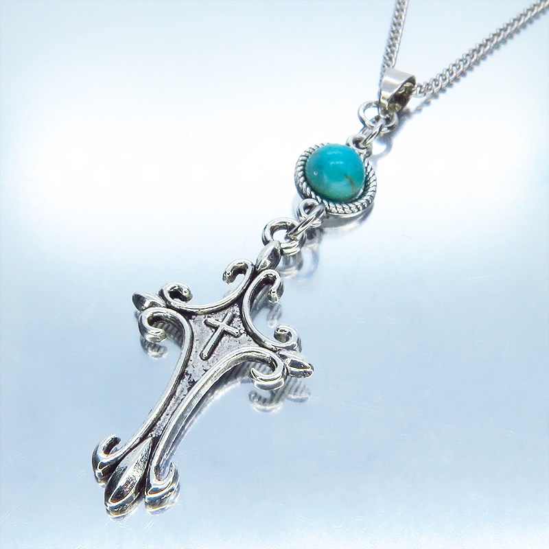 アンティークシルバー ゴシックデザインロザリオ(十字架)とターコイスのネックレス 長さ変更可 アジャスター可