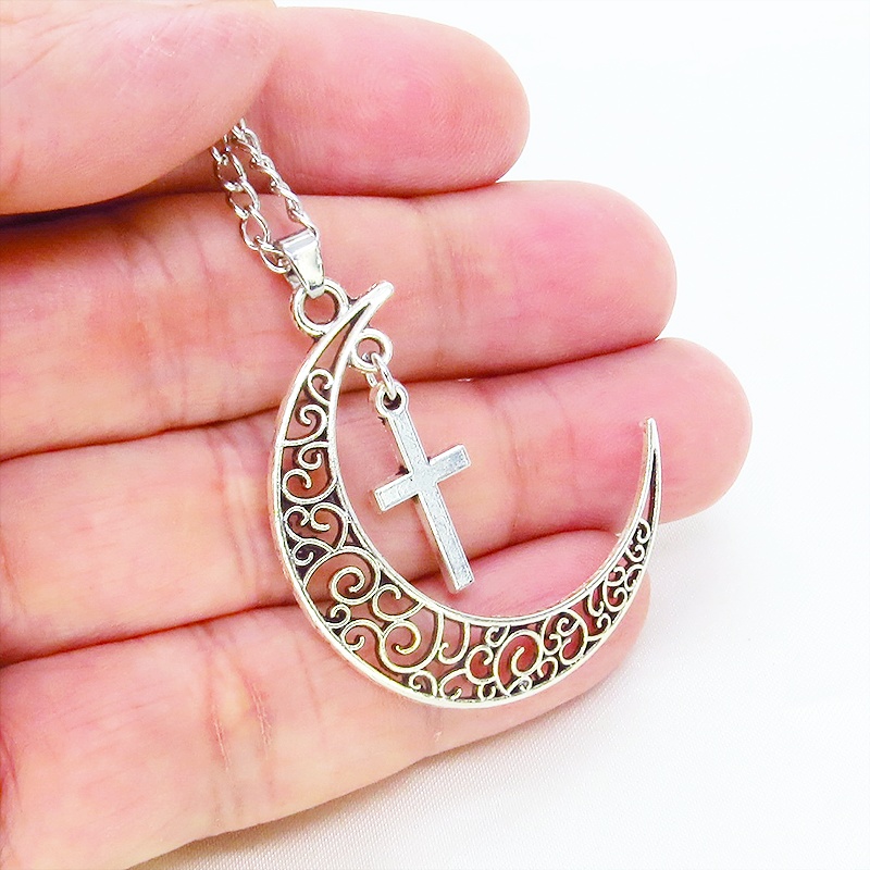 アンティークシルバー 透かし三日月とロザリオ(十字架)の大人可愛いネックレス ムーンネックレス 銀古美
