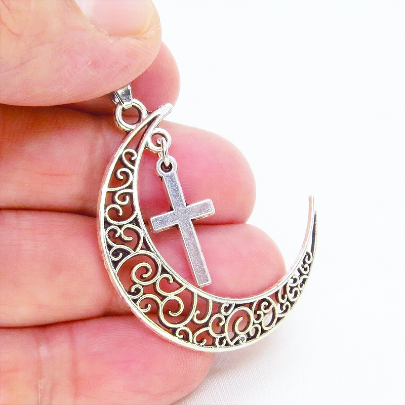 アンティークシルバー 透かし三日月とロザリオ(十字架)の大人可愛いネックレス ムーンネックレス 銀古美