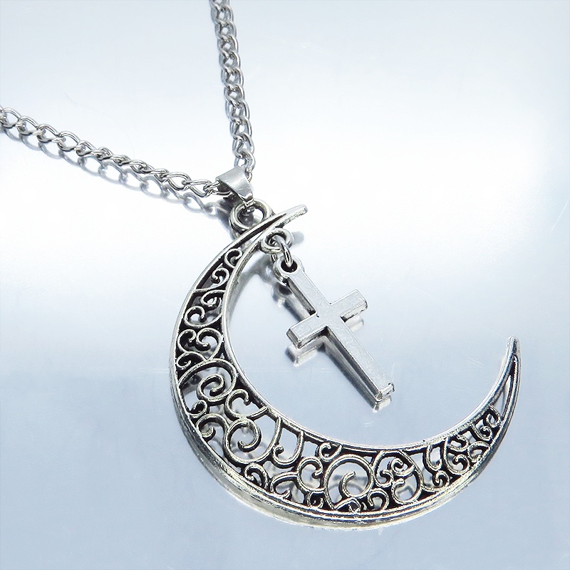 アンティークシルバー 透かし三日月とロザリオ(十字架)の大人可愛いネックレス ムーンネックレス 銀古美