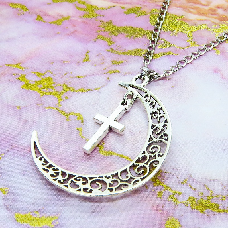アンティークシルバー 透かし三日月とロザリオ(十字架)の大人可愛いネックレス ムーンネックレス 銀古美