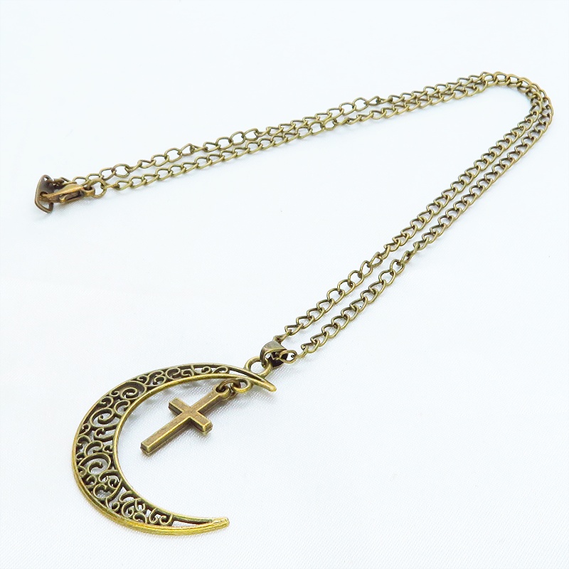 アンティークゴールド 透かし三日月とロザリオ(十字架)の大人可愛いネックレス ムーンネックレス 金古美