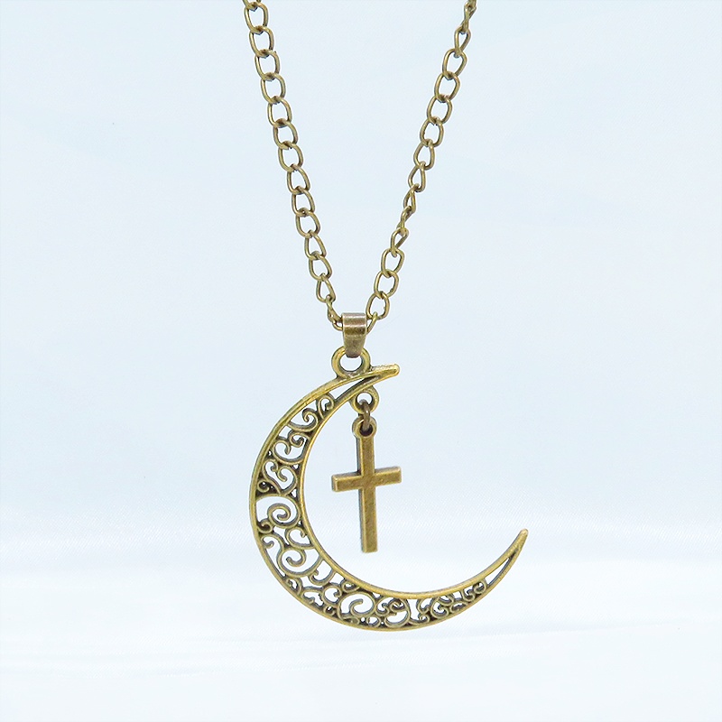 アンティークゴールド 透かし三日月とロザリオ(十字架)の大人可愛いネックレス ムーンネックレス 金古美