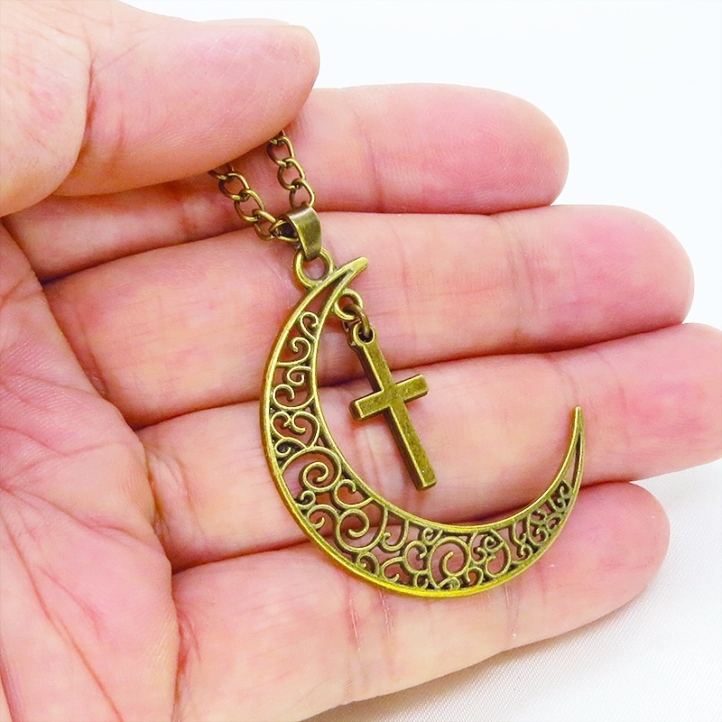 アンティークゴールド 透かし三日月とロザリオ(十字架)の大人可愛いネックレス ムーンネックレス 金古美