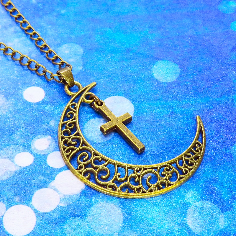 アンティークゴールド 透かし三日月とロザリオ(十字架)の大人可愛いネックレス ムーンネックレス 金古美