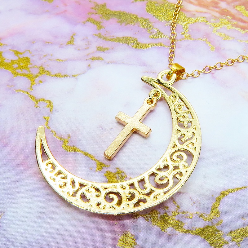 マットゴールド 透かし三日月とロザリオ(十字架)の大人可愛いネックレス ムーンネックレス