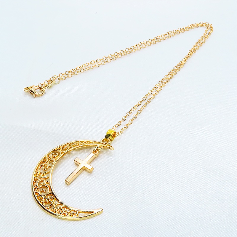 マットゴールド 透かし三日月とロザリオ(十字架)の大人可愛いネックレス ムーンネックレス