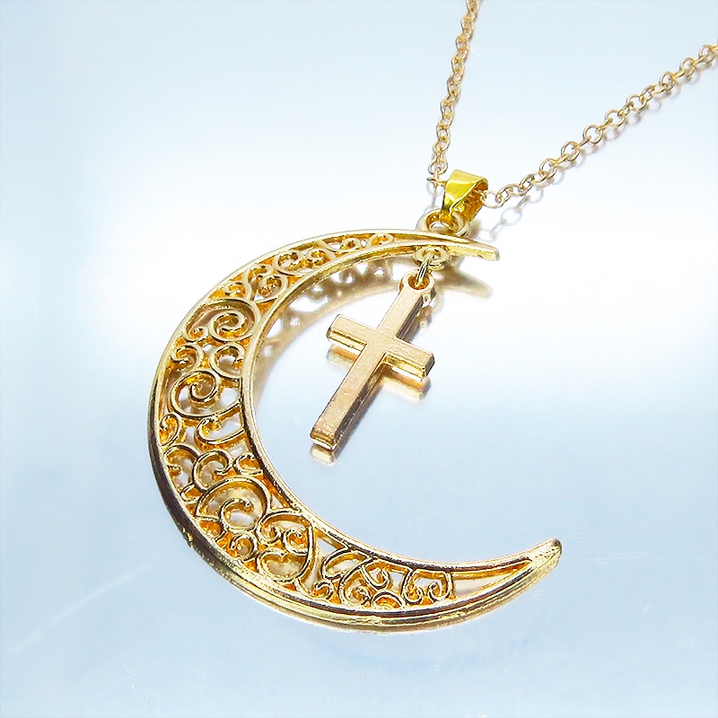 マットゴールド 透かし三日月とロザリオ(十字架)の大人可愛いネックレス ムーンネックレス