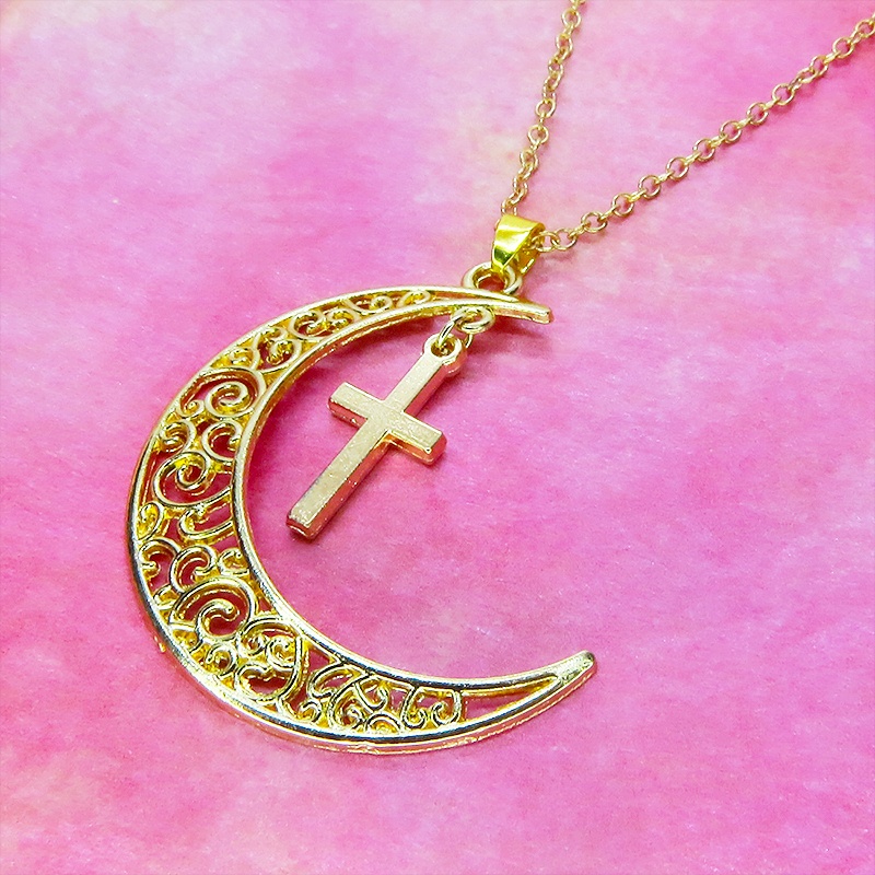 マットゴールド 透かし三日月とロザリオ(十字架)の大人可愛いネックレス ムーンネックレス