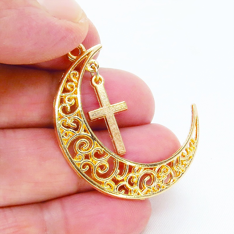 マットゴールド 透かし三日月とロザリオ(十字架)の大人可愛いネックレス ムーンネックレス