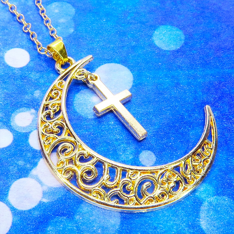 マットゴールド 透かし三日月とロザリオ(十字架)の大人可愛いネックレス ムーンネックレス