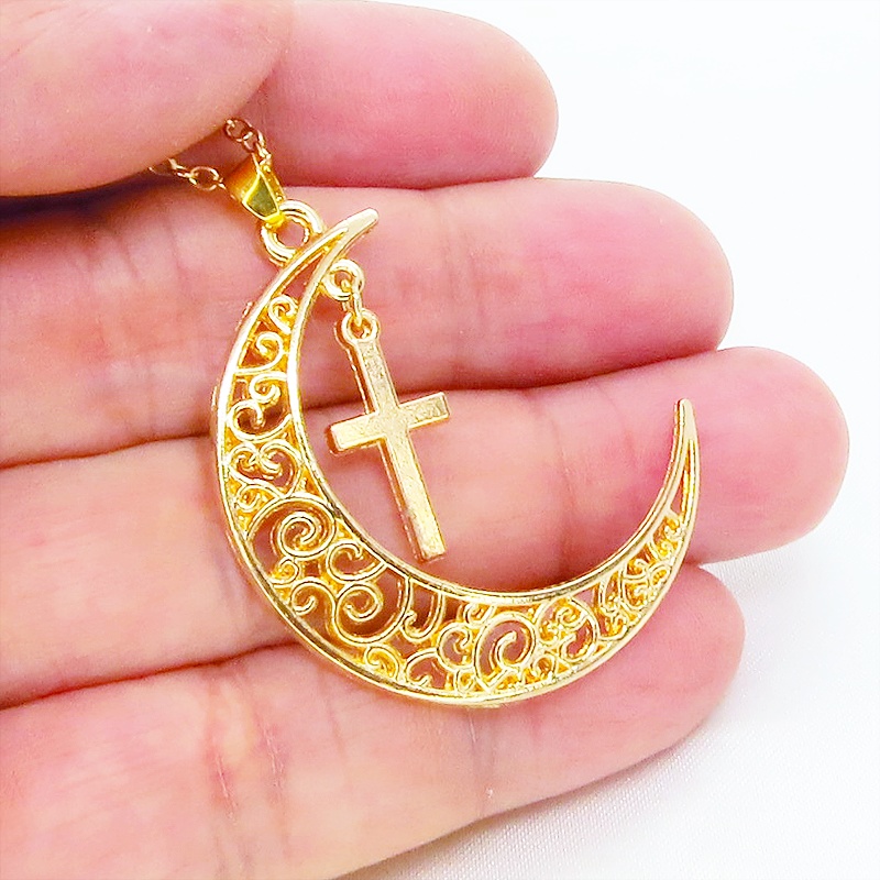 マットゴールド 透かし三日月とロザリオ(十字架)の大人可愛いネックレス ムーンネックレス