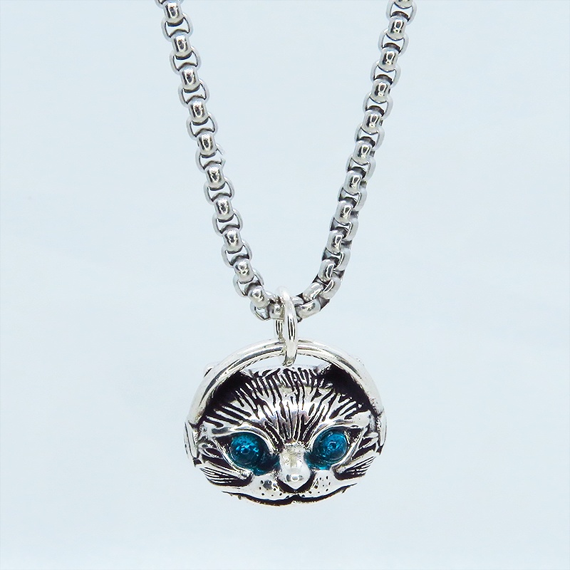 立体的でリアルな猫フェイスモチーフのペンダントネックレス ヘッドフォン ブルージルコン シルバー925PLTD チタン鋼