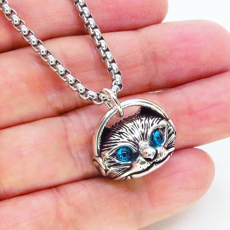 立体的でリアルな猫フェイスモチーフのペンダントネックレス ヘッドフォン ブルージルコン シルバー925PLTD チタン鋼