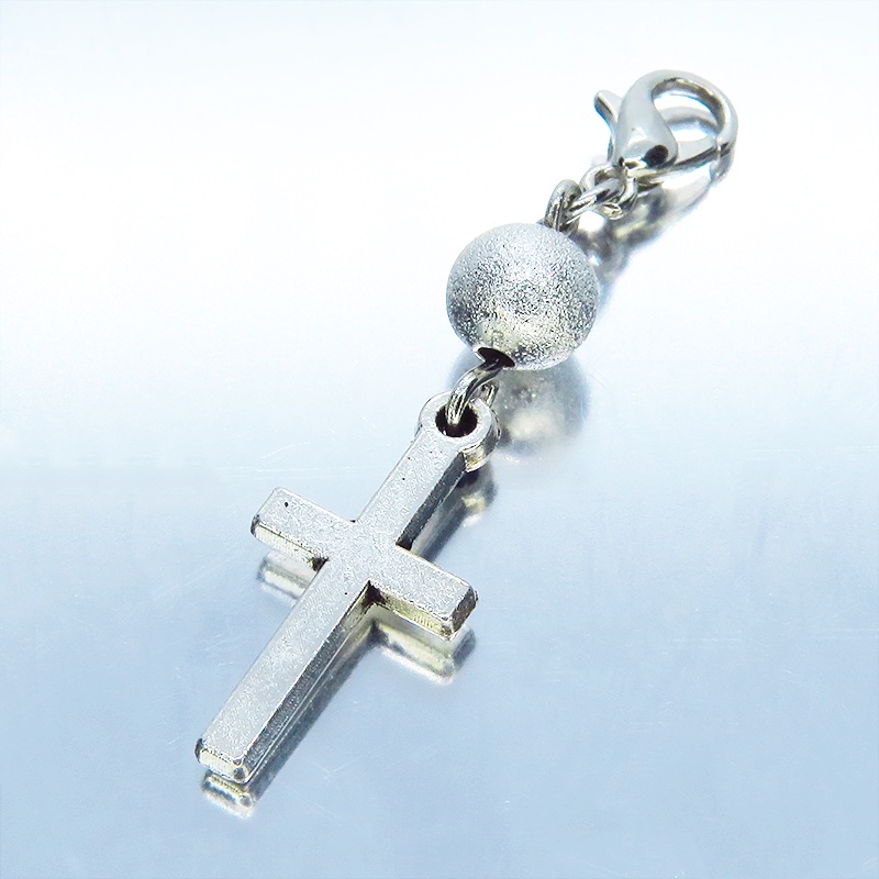 マスクチャーム アンティークシルバー ロザリオ(十字架)とメタルビーズのコンパクトなチャーム