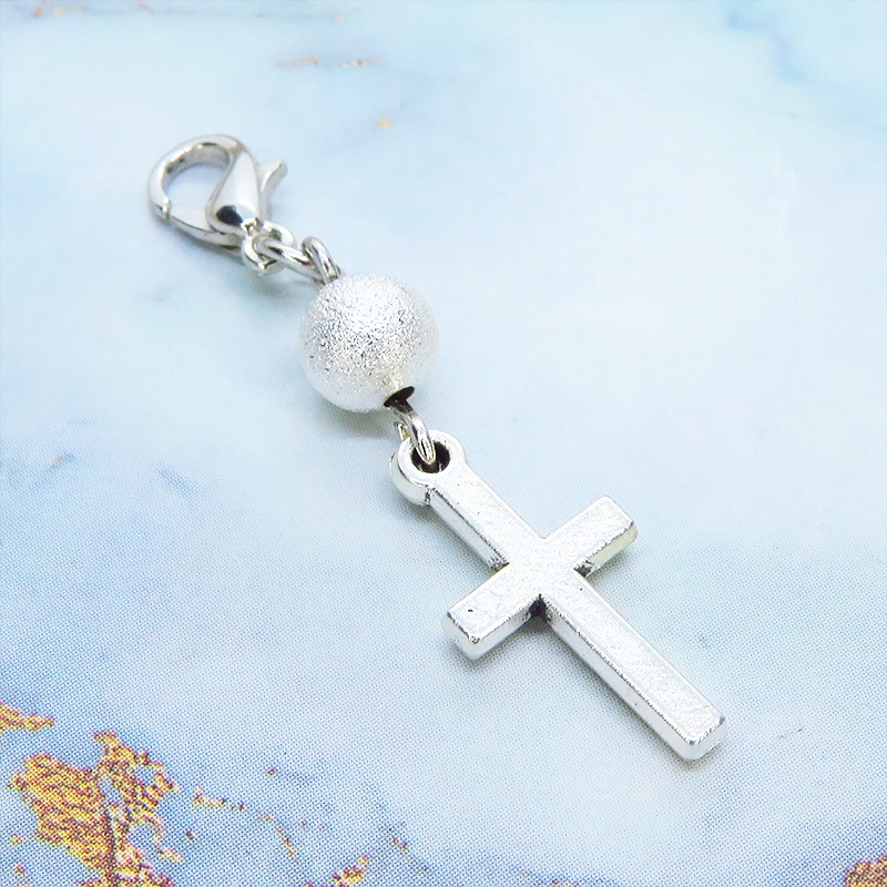 マスクチャーム アンティークシルバー ロザリオ(十字架)とメタルビーズのコンパクトなチャーム