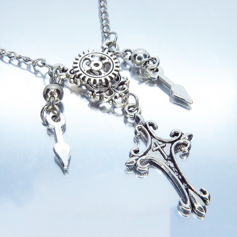 アンティークシルバー スチームパンク風のスリムなロザリオと歯車のネックレス 時計の針 長さ変更可 アジャスター可