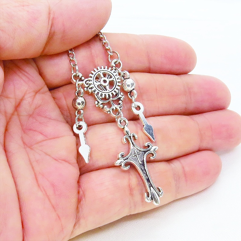 アンティークシルバー スチームパンク風のスリムなロザリオと歯車のネックレス 時計の針 長さ変更可 アジャスター可