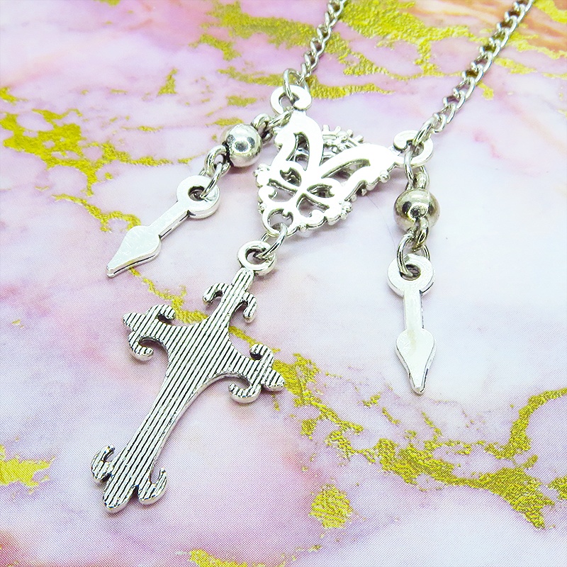 アンティークシルバー スチームパンク風のスリムなロザリオと歯車のネックレス 時計の針 長さ変更可 アジャスター可