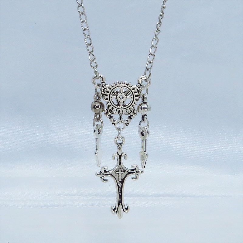 アンティークシルバー スチームパンク風のスリムなロザリオと歯車のネックレス 時計の針 長さ変更可 アジャスター可