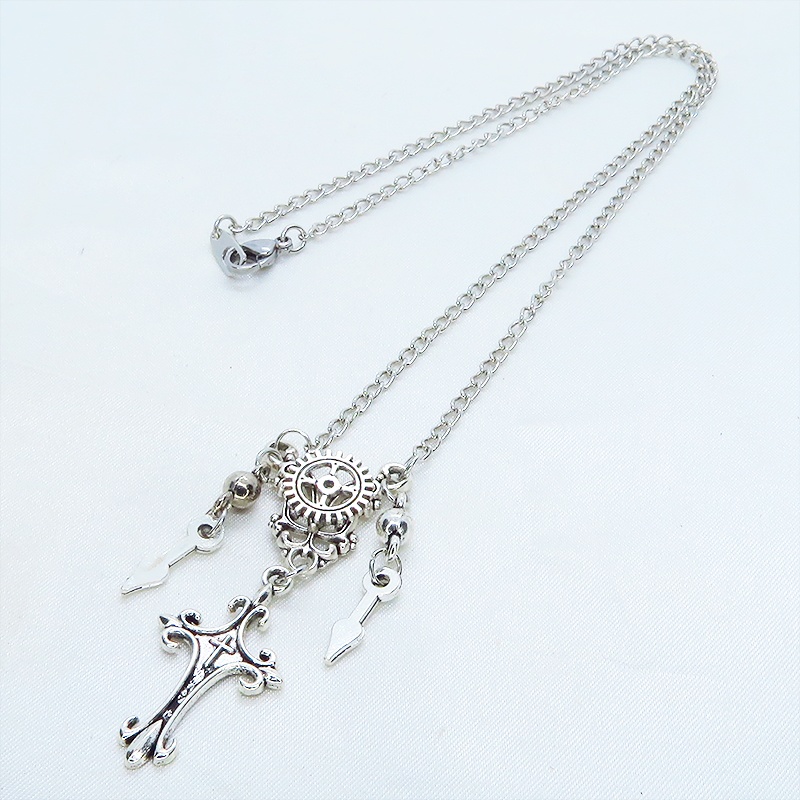 アンティークシルバー スチームパンク風のスリムなロザリオと歯車のネックレス 時計の針 長さ変更可 アジャスター可