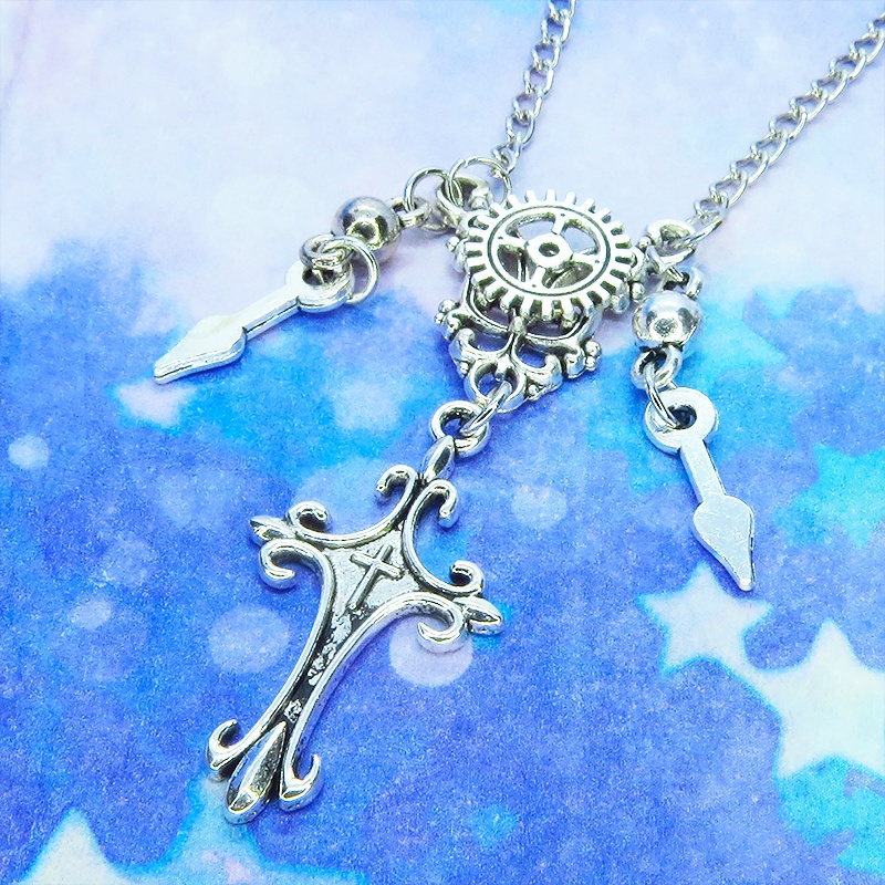 アンティークシルバー スチームパンク風のスリムなロザリオと歯車のネックレス 時計の針 長さ変更可 アジャスター可