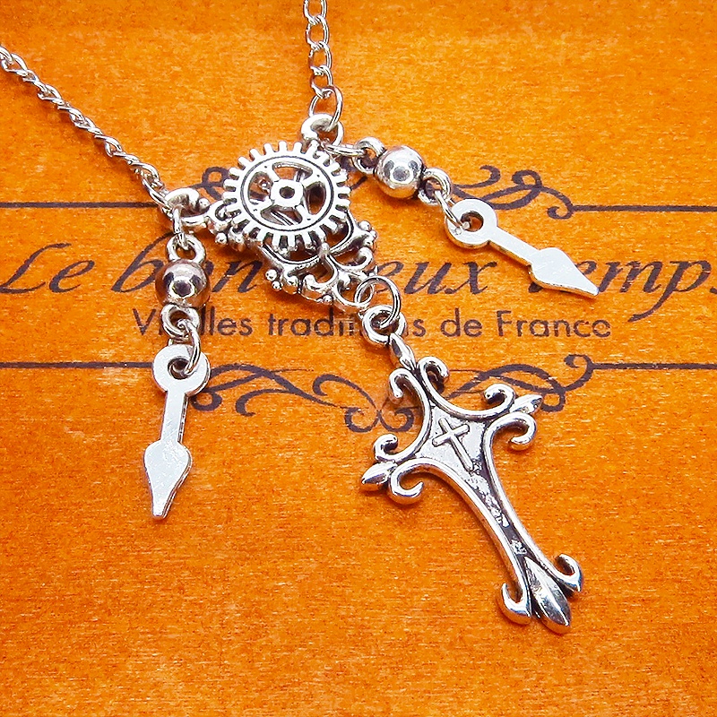 アンティークシルバー スチームパンク風のスリムなロザリオと歯車のネックレス 時計の針 長さ変更可 アジャスター可