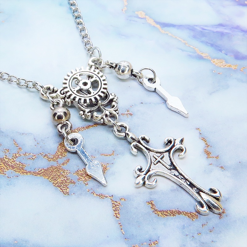 アンティークシルバー スチームパンク風のスリムなロザリオと歯車のネックレス 時計の針 長さ変更可 アジャスター可