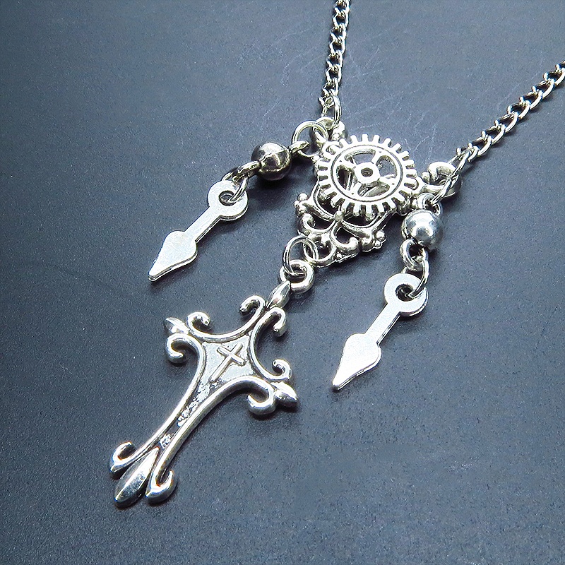 アンティークシルバー スチームパンク風のスリムなロザリオと歯車のネックレス 時計の針 長さ変更可 アジャスター可