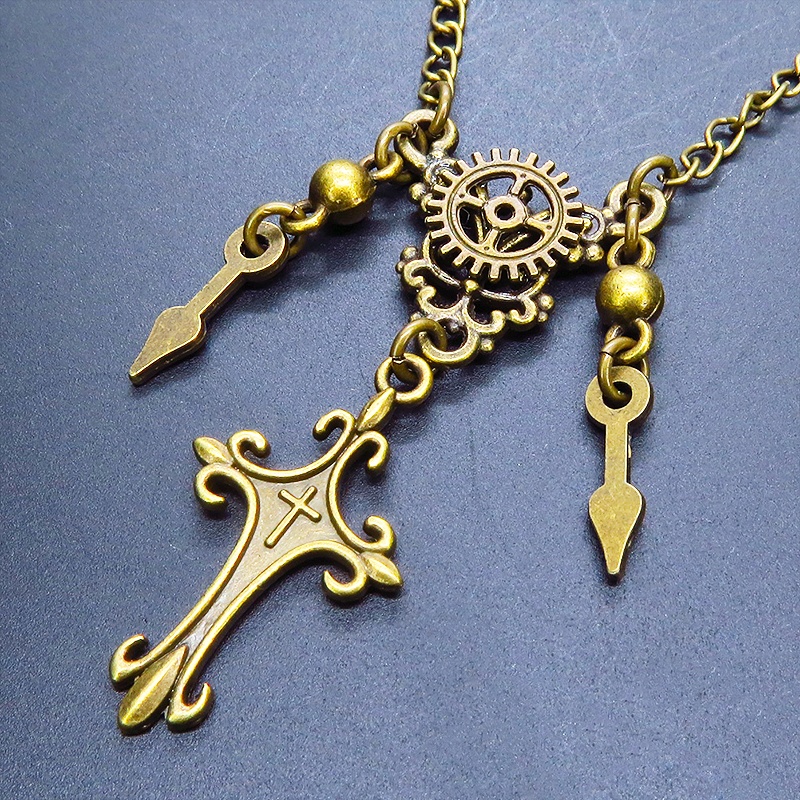 アンティークゴールド スチームパンク風のスリムなロザリオと歯車のネックレス 時計の針 長さ変更可 アジャスター可