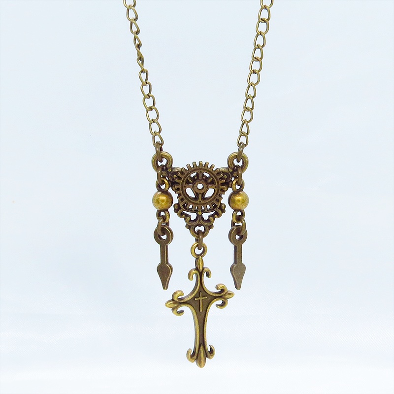 アンティークゴールド スチームパンク風のスリムなロザリオと歯車のネックレス 時計の針 長さ変更可 アジャスター可