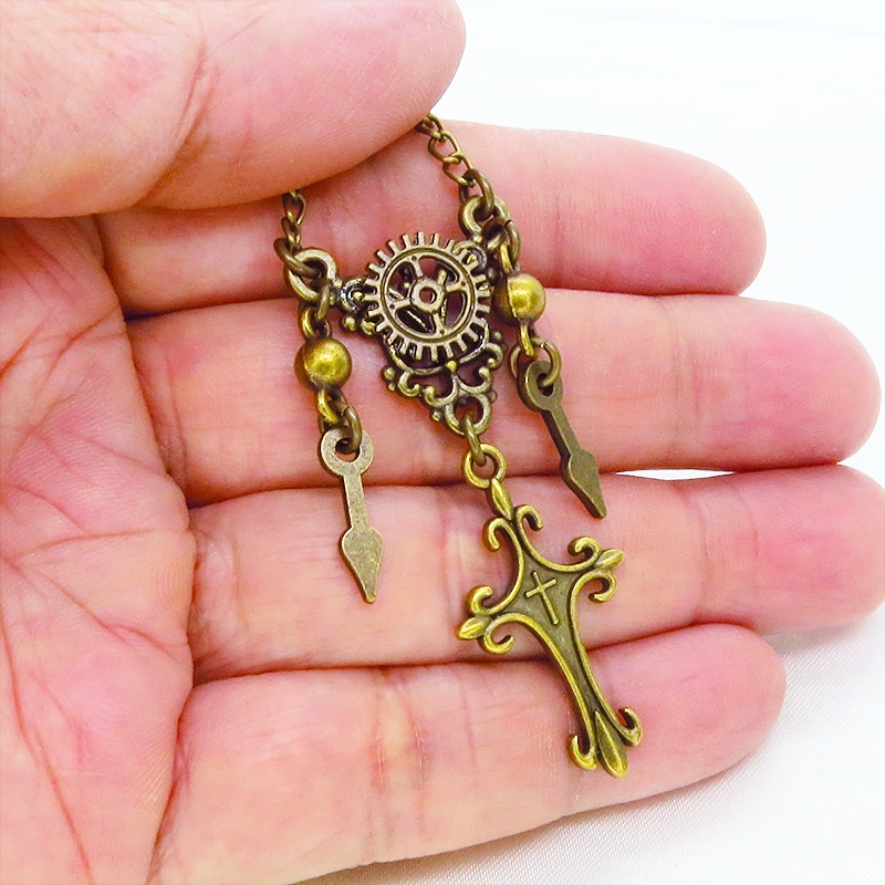 アンティークゴールド スチームパンク風のスリムなロザリオと歯車のネックレス 時計の針 長さ変更可 アジャスター可