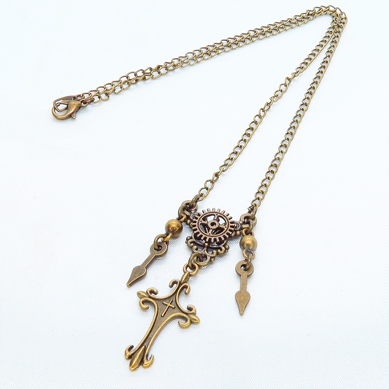 アンティークゴールド スチームパンク風のスリムなロザリオと歯車のネックレス 時計の針 長さ変更可 アジャスター可