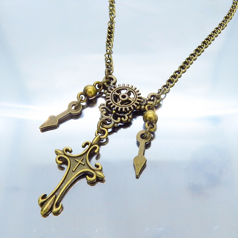 アンティークゴールド スチームパンク風のスリムなロザリオと歯車のネックレス 時計の針 長さ変更可 アジャスター可